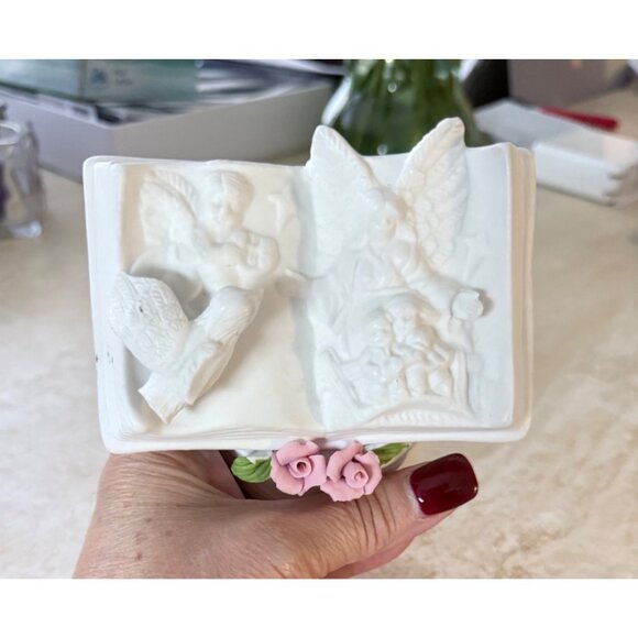 Porcelain Angel Book Figurine On Stand With Rose Accents - Picture 3 of 4